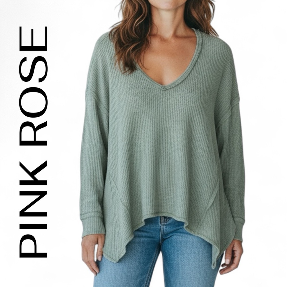 PINK ROSE Oversized Waffle Knit Reverse Seam Top Size Large L Sage NEW no tags